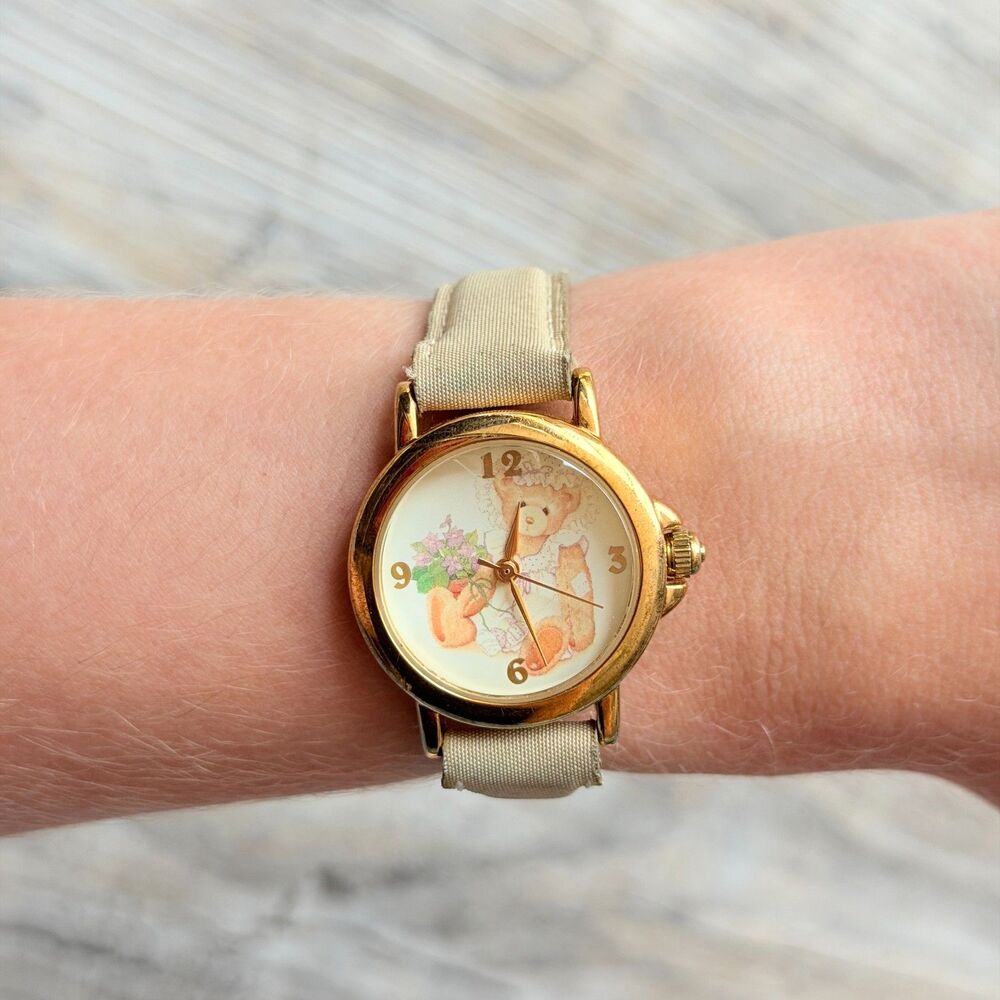 Vintage Teddy Bear Coquette Wrist Watch Gold Tone Cream Strap Soft Girl Working